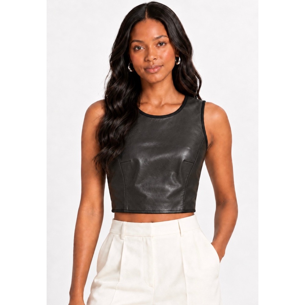 Theyskens' Theory Black Goat Leather Cropped Tank Top Petite